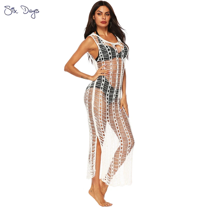 

Boho Sexy Women's Swimwear 2021 Summer Beach Bikini Cover Up Hollow Out Hand Crochet Long Robe Girl Beachwear Tunic Tops White