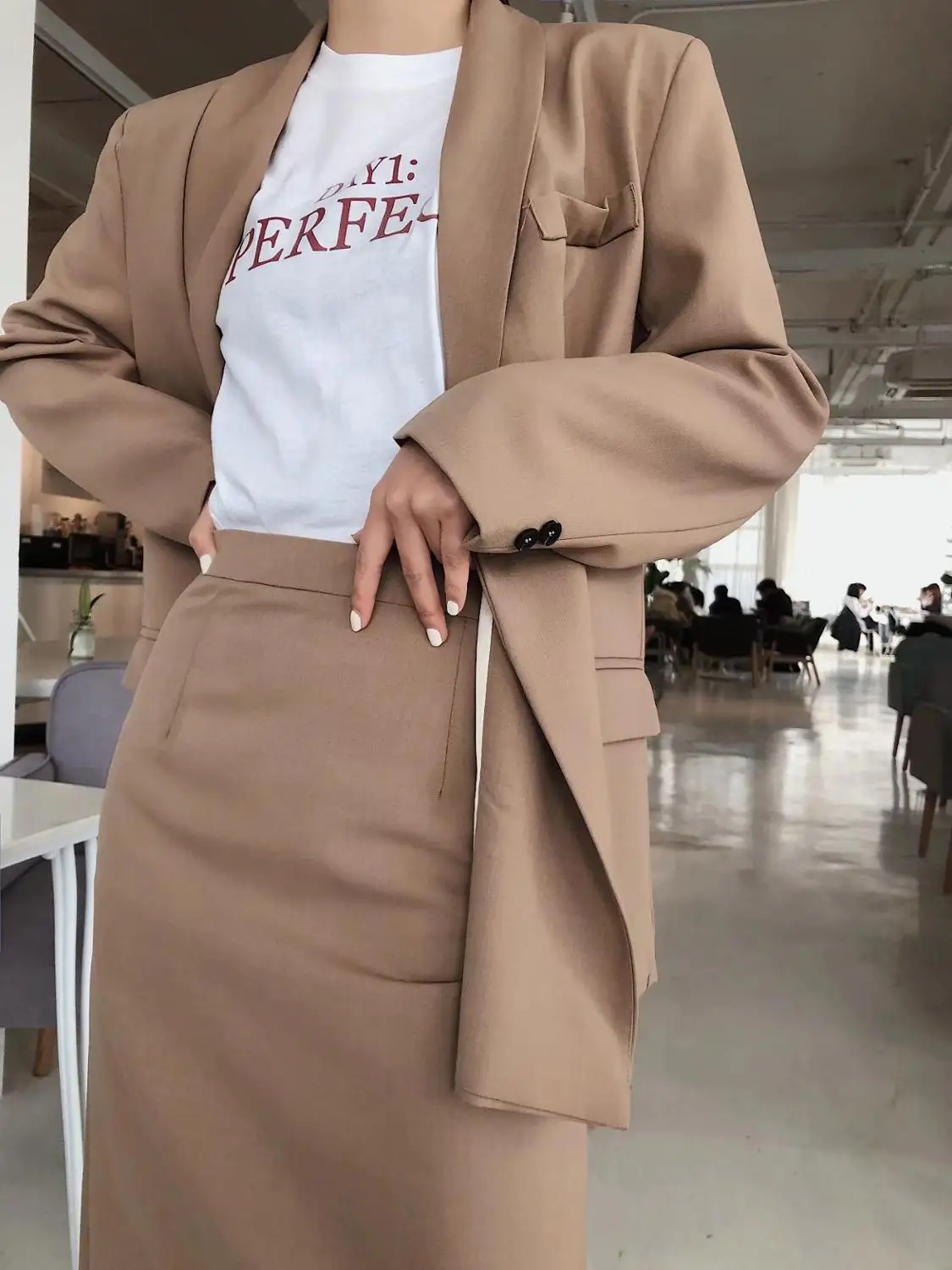 2020 Autumn Double-breasted Button Mid Long Blazer High Waist mid calf Back Slit Skirts OL Women Sleeve Suits 2 Pieces Set |