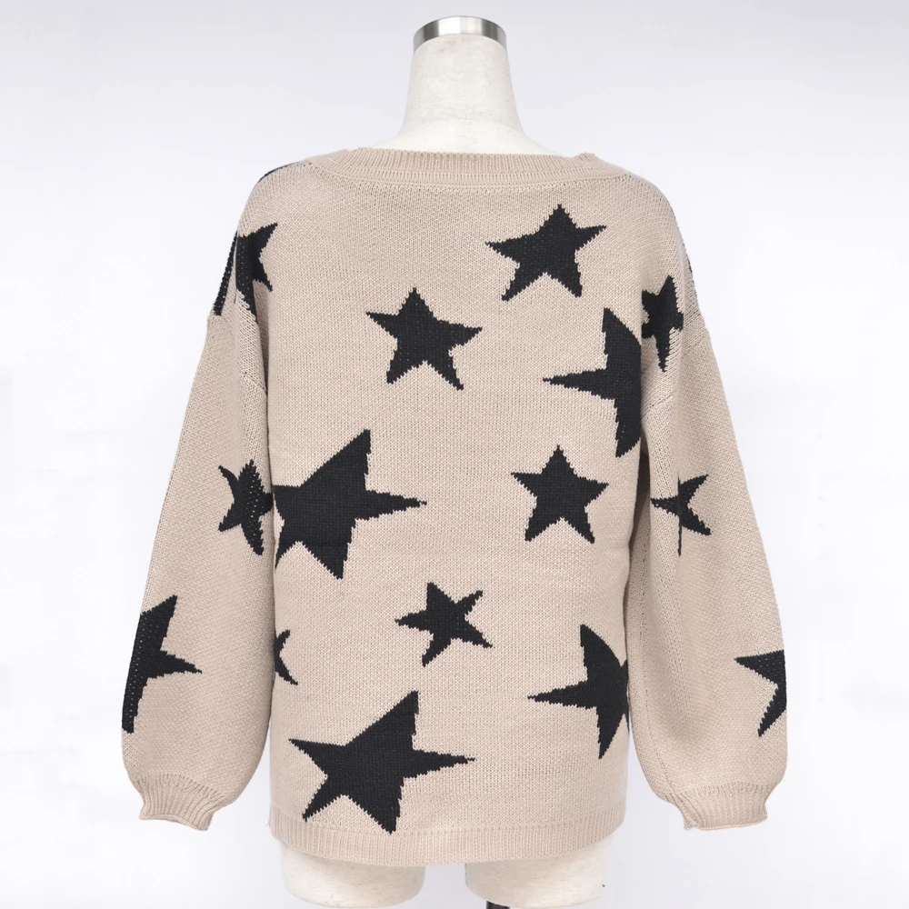 Свитер женский осенний вязаный с V-образным вырезом и рукавами-фонариками |