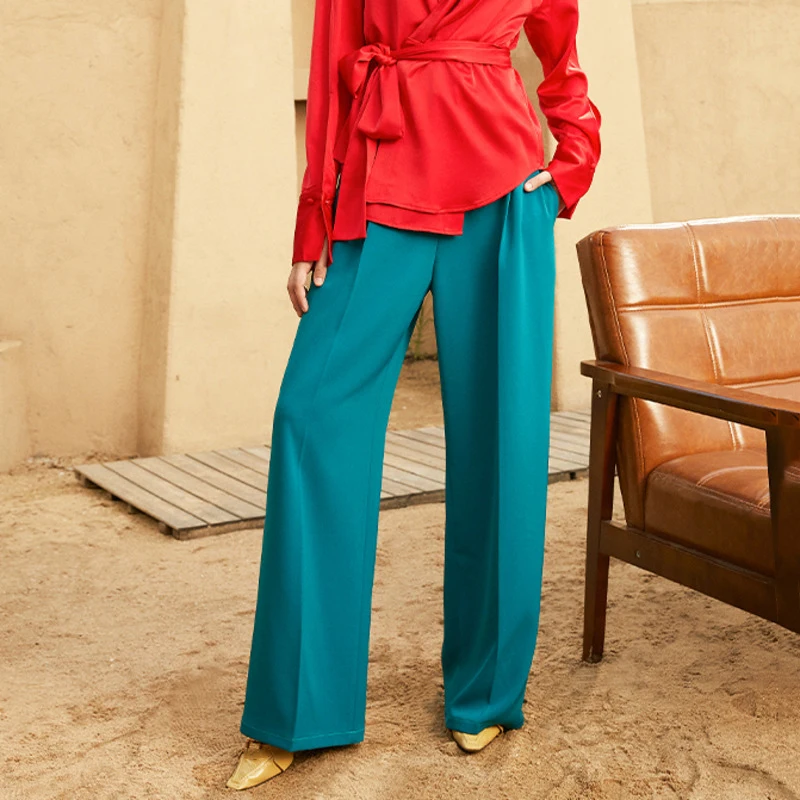 [EAM] High Waist Blue Pleated Split Joint Long Wide Leg Trousers New Loose Fit Pants Women Fashion Spring Autumn 2021 1DA645