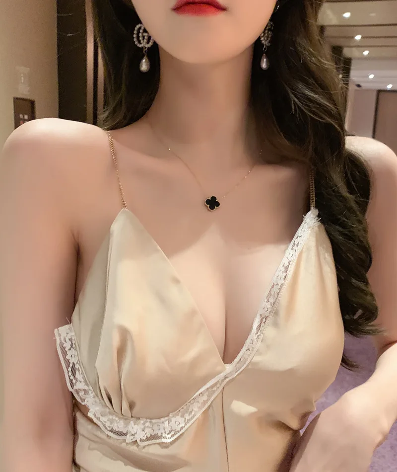 

Dress Skirt 2021 Summer New Glossy Silk V-neck Temperament Sling Lace Dress