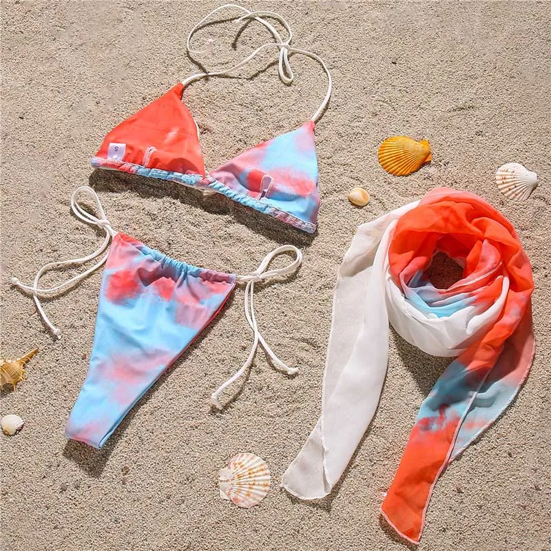 

Rivertrip Three Pieces Bikinis Tie Waist Swimsuits Women Tie Dye Swimwear Push Up Bathing Suits Summer New Cover Up Beachwear