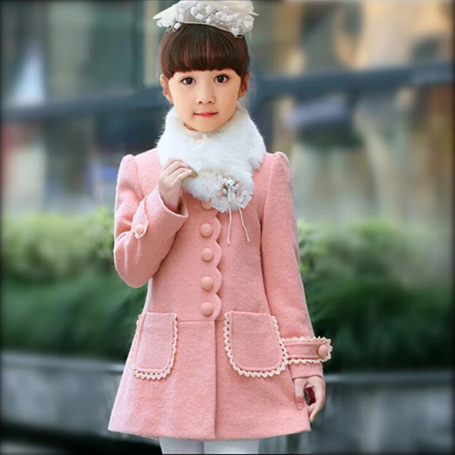 2022 Kids Children Girls Woolen Jacket Pink Thick Big Fur Collar Woolen Coat Princesses Kids Autumn Winter Wedding Party Clothes