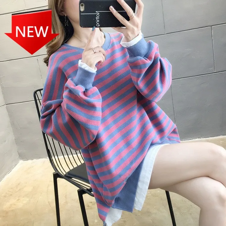 

Тонкие толстовки в Корейском стиле, свитшот, Повседневный пуловер оверсайз с круглым вырезом и полосками в стиле Харадзюку для девушек и же...