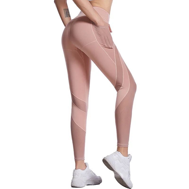 

Fitness Yoga Pants Cross-Border Mobile Phone Pocket Sports Pants European and American New Mesh Stitching Leggings