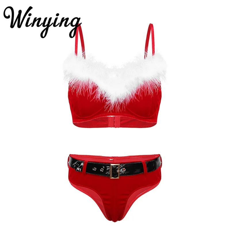 

Women Christmas Soft Velvet Lingerie Set Adjustable Straps Bra and Briefs with Belts Underwear Xmas Sexy Costumes Rave Clubwear