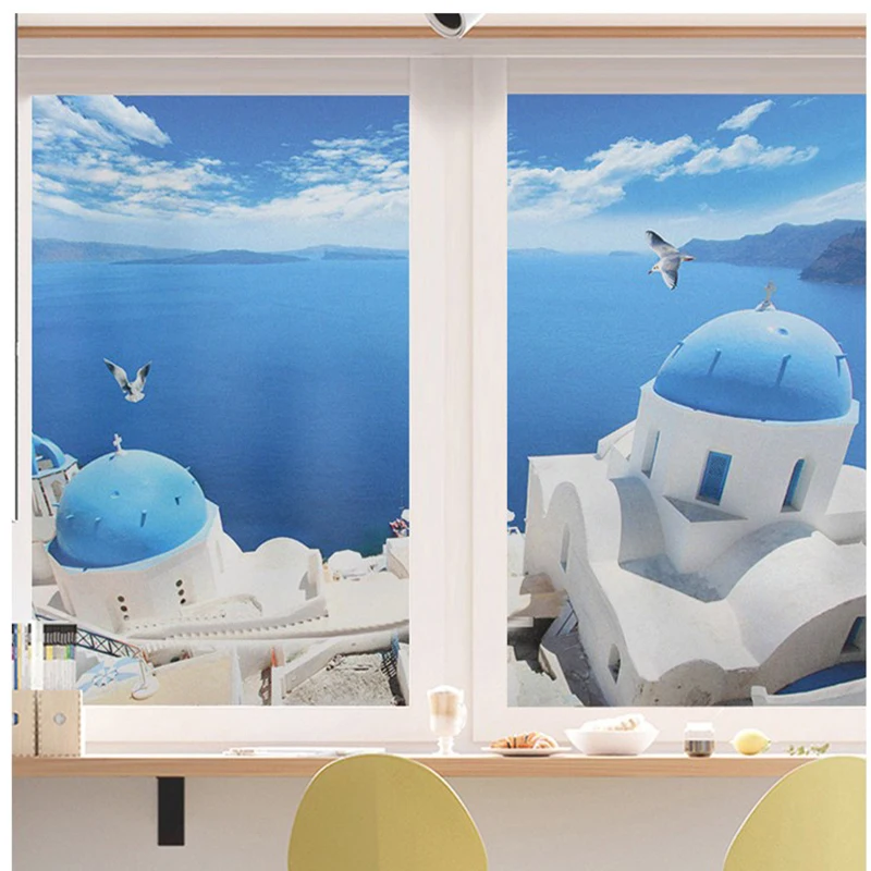 

Custom window glass stickers electrostatic glue-free matte film light opaque Mediterranean landscape shading window stickers