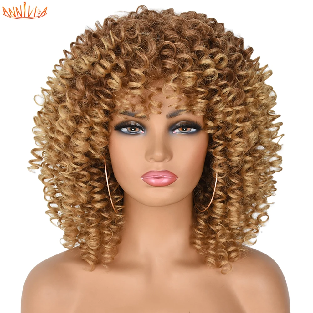 

Short Afro Kinky Curly Wig With Bangs For Black Women African Synthetic Ombre Glueless Wigs Heat Resistan Natural Hair Annivia