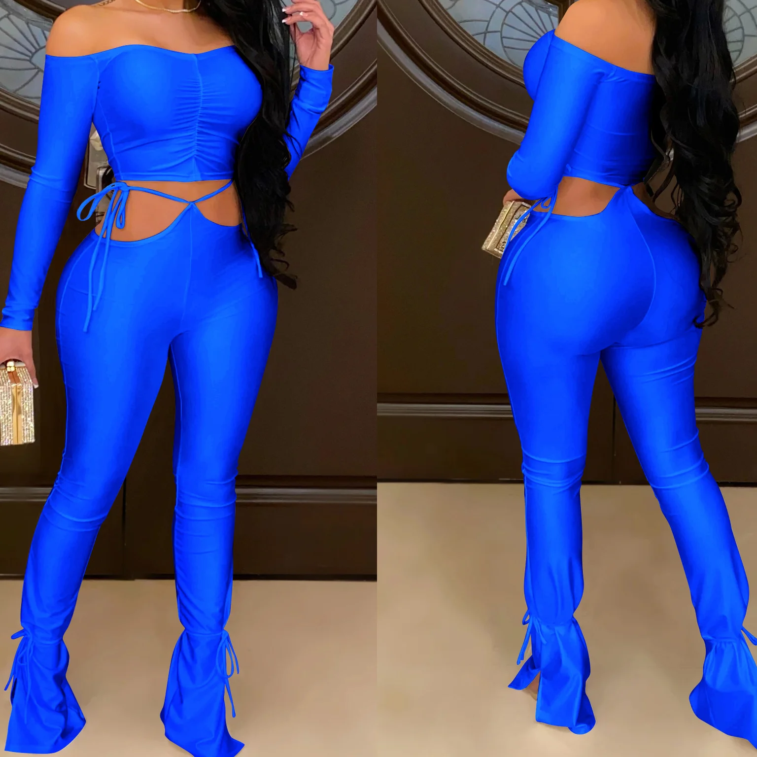 

2021 Fashion Women Off Shoulder Crop Top+ Pants Female Sexy Night Club Casual Set Bodycon Streetwear Tracksuit Outfit XXL