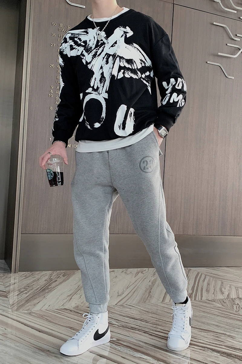 

2021 Spring New Men's Brand Sweater Street Photo Wang Eagle Print O-Type Round Neck Pullover Sweater Boys' Loose Top Size M-Zxl