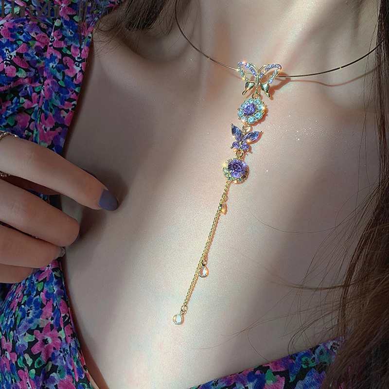 

HangZhi 2020 New Fairy Shiny Purple Crystal Butterfly Rhinestones Long Tassel Pearls Gold Color Metal Collar Torque Necklaces