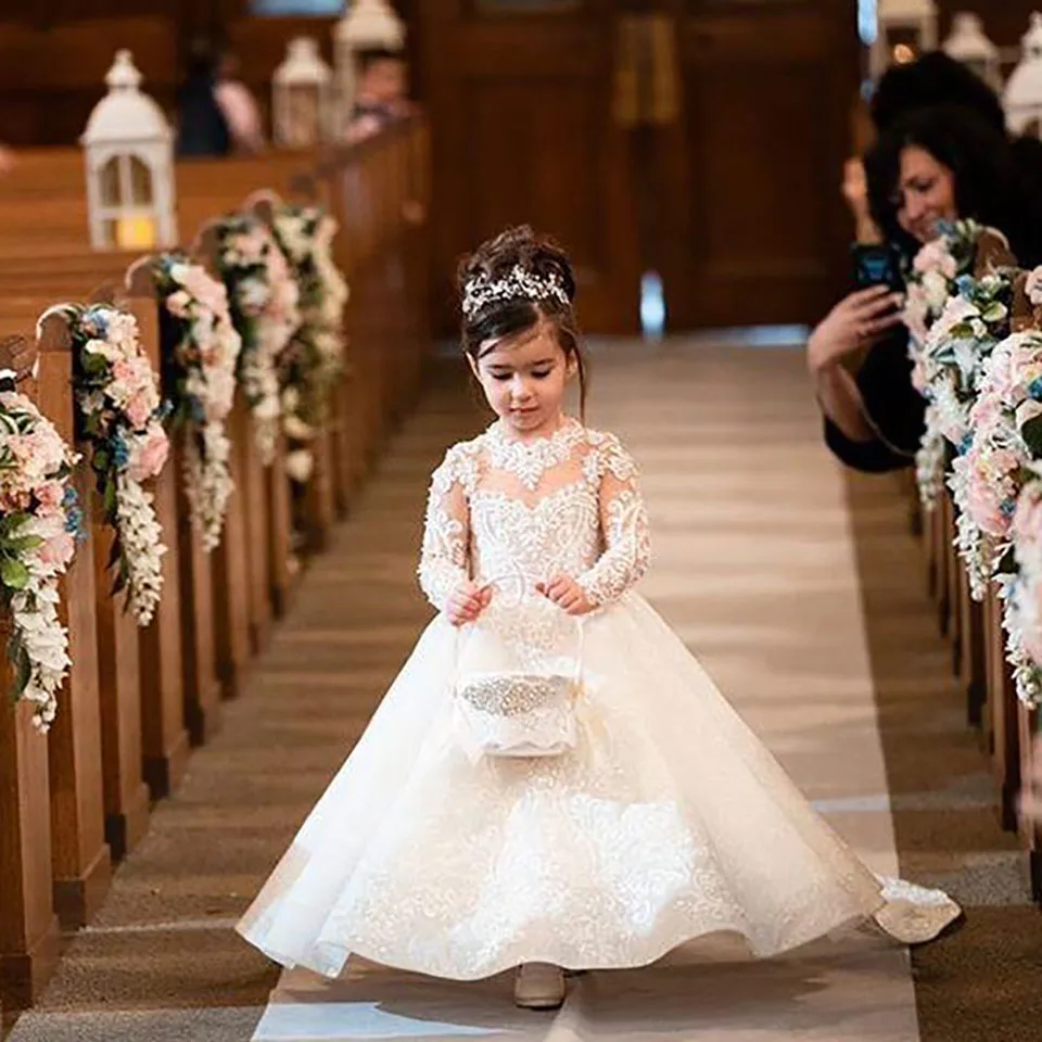 

Satin Applique Girls Pageant Kids Formal Wear Baby Children Party Dress Birthday Christmas Custom White Flower Girls Dresses