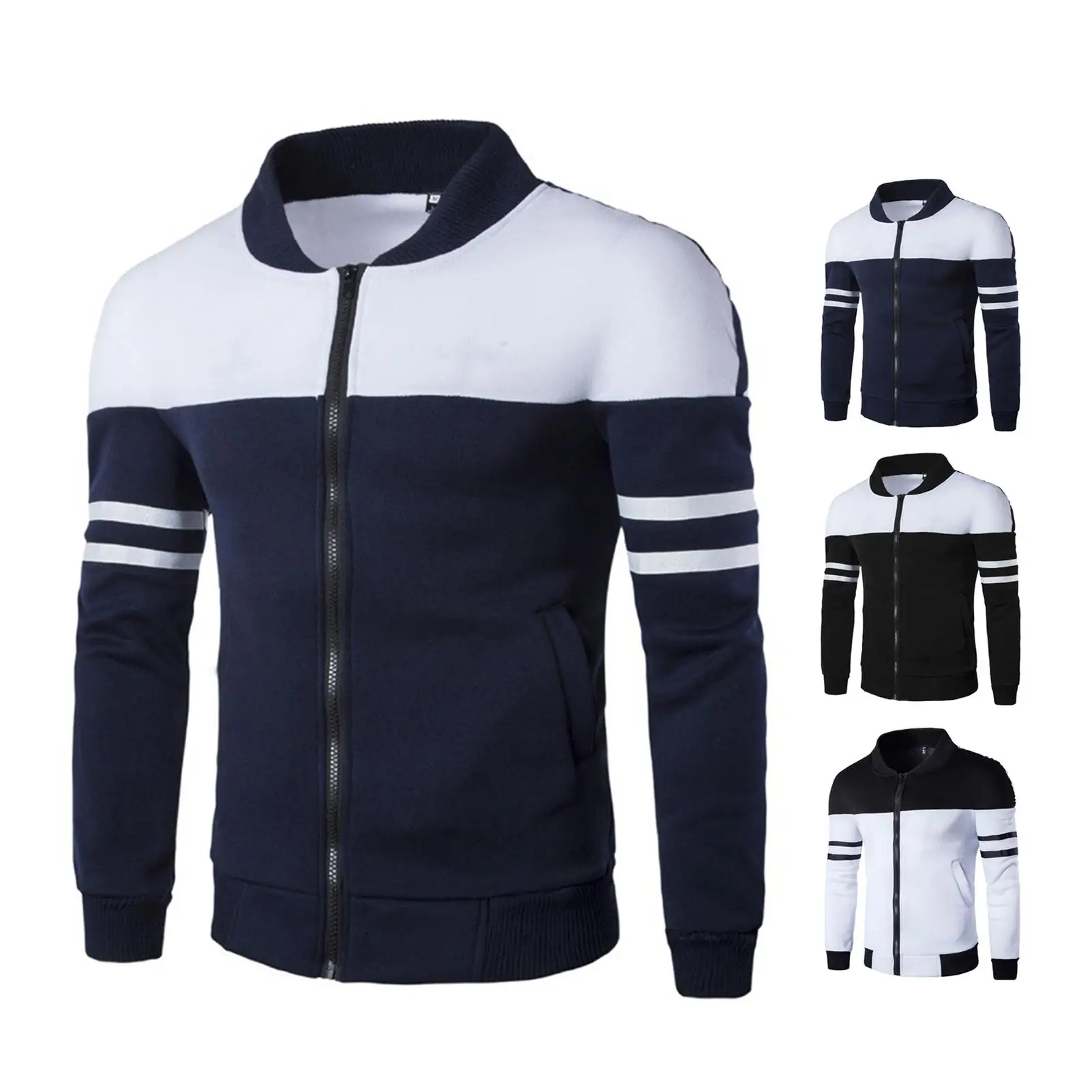 

Men Autumn Winter Stripe Long Sleeve Zip Pockets Coat Color Block Varsity Jacket