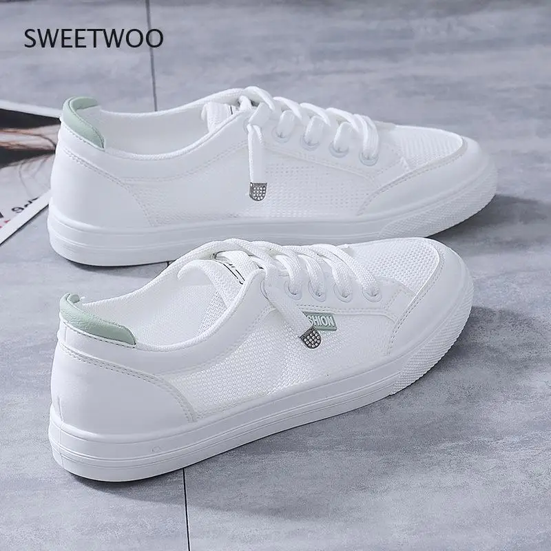 Women Casual Shoes Breathable Mesh White Shoes Summer Flats Casual Sneakers Solid Color Flat Sneakers Women's Vulcanize Shoes