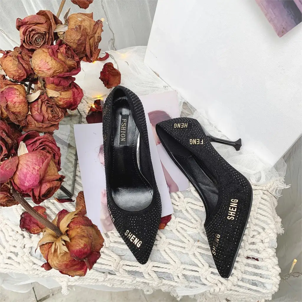 2019 г. Новые Модные пикантные женские черные офисные туфли со стразами лодочки с