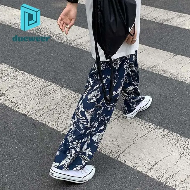 

DUEWEER Women Dark Blue Floral Casual Pants Autumn Winter Wide Leg Trousers Vintage Harajuku Streetwear Korean Fashion