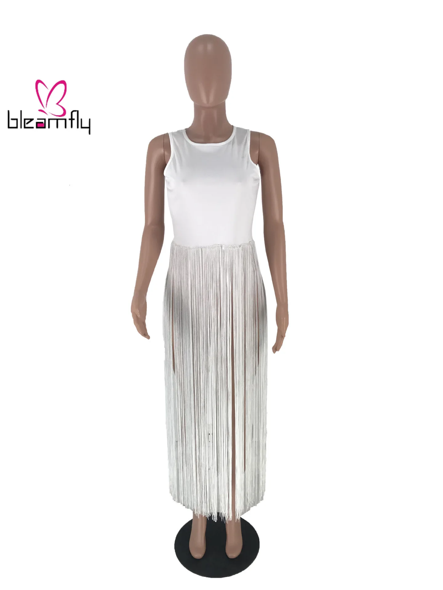 Длинное сексуальное платье без рукавов с кисточками черное повседневное летнее