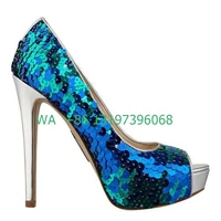 ladies sequined peep toe stilettos mix color cover heel catwalk sexy bling bling footwear dance shoes casual shoes high heels 43