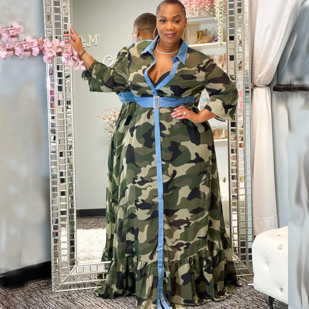 

Porpora Plus Size Dresses for Women Casual Elegant Camouflage Print Long-sleeved Floor-length Wholesale Shirt Skirt 2021 Autumn