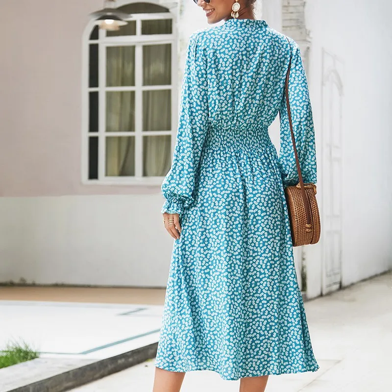 

Spring Summer Elegant Butterfly Sleeve Women's Floral Print A-line Dress 2021 New Full Sleeve Turn-down Collar Long Ladies Dress