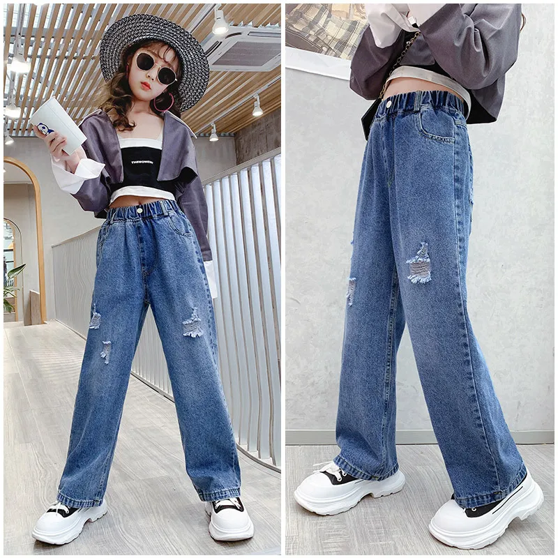 

Children Jeans for Girls Clothes Spring Autumn Kids Denim Trousers Teenage Baby Girls Loose Fashion Ripped Hole Wide Leg Pants