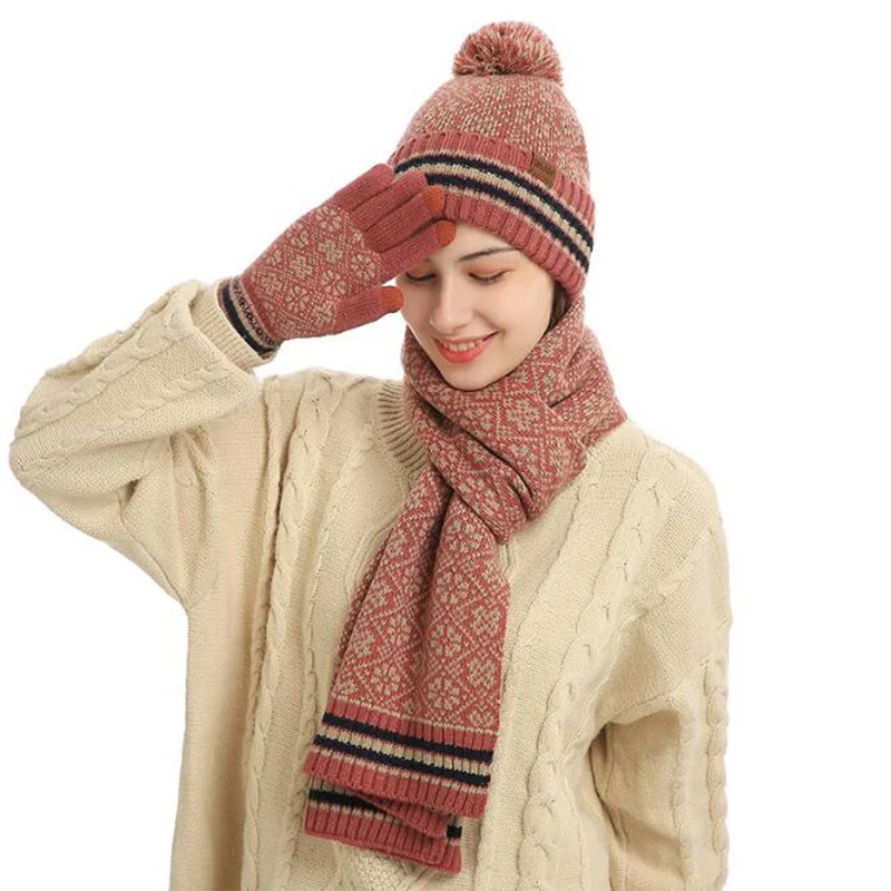 

2021 Winter New Women's Knitted Scarf Gift Warm Fashion Wool Hat Cold Proof Gloves Three Pieces