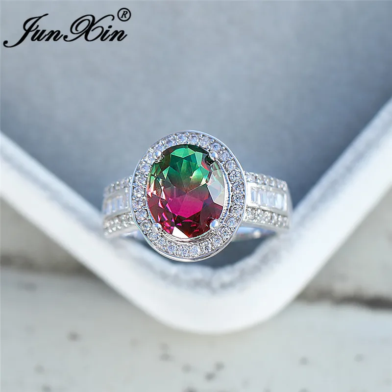 Luxury Big Oval Mystic Rainbow Fire Crystal Rings For Women Silver Colorful Rose Red Green Zircon Wedding Bands Boho Jewelry | Украшения и
