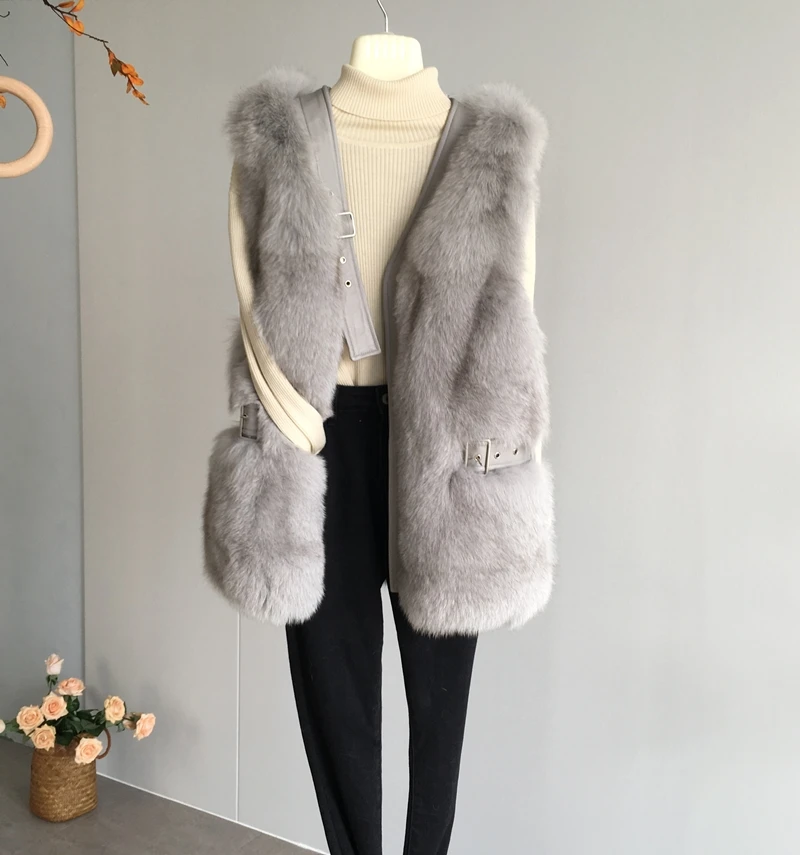 2021 New Real Fox Fur Gilet Women's Coat Waistcoat Fur Sleeveless Gilet Caramel Color Wild Coats Casual Style Plush Warm Jacket