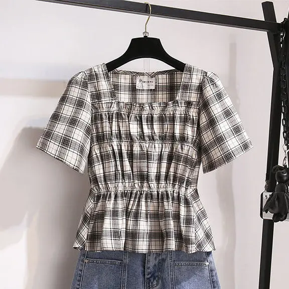 

Women 2021 Summer Two Piece Set Female Short Sleeve Plaid Blouse and Denim Shorts Set Ladies Casual Matching Clothing Sets R135