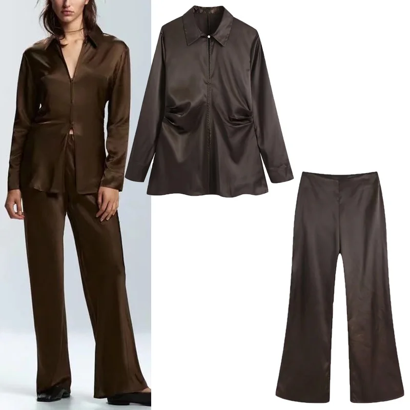 

Женская атласная рубашка Za, шелковая винтажная блузка на пуговицах с длинными рукавами, уличные винтажные брюки-годе, осень