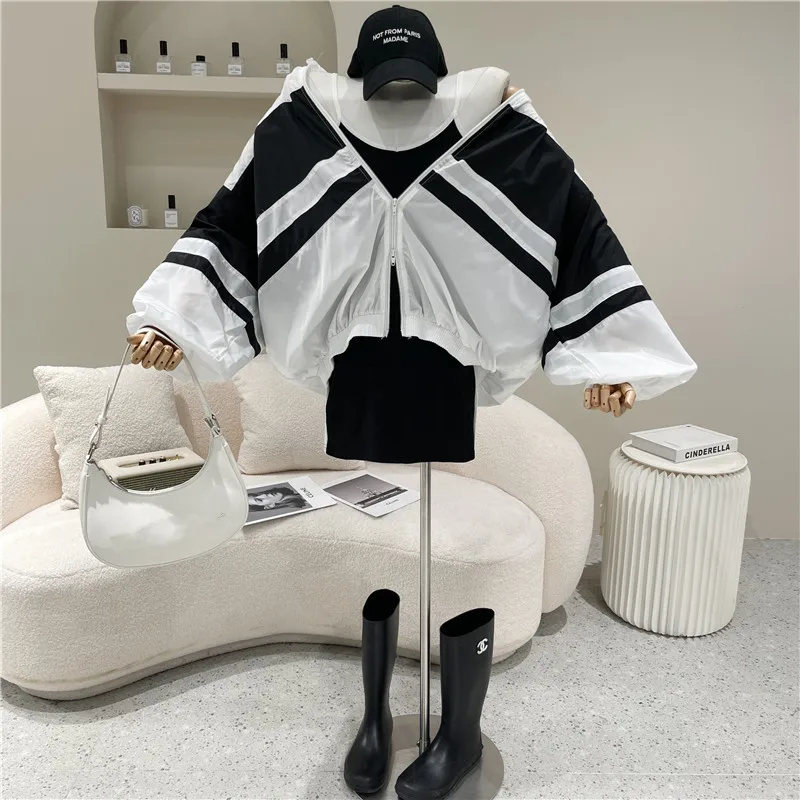 

Women's Spring Summer 2021 Niche Design Fashion Color Matching Sunscreen Jacket + Casual Suspender Dress Set