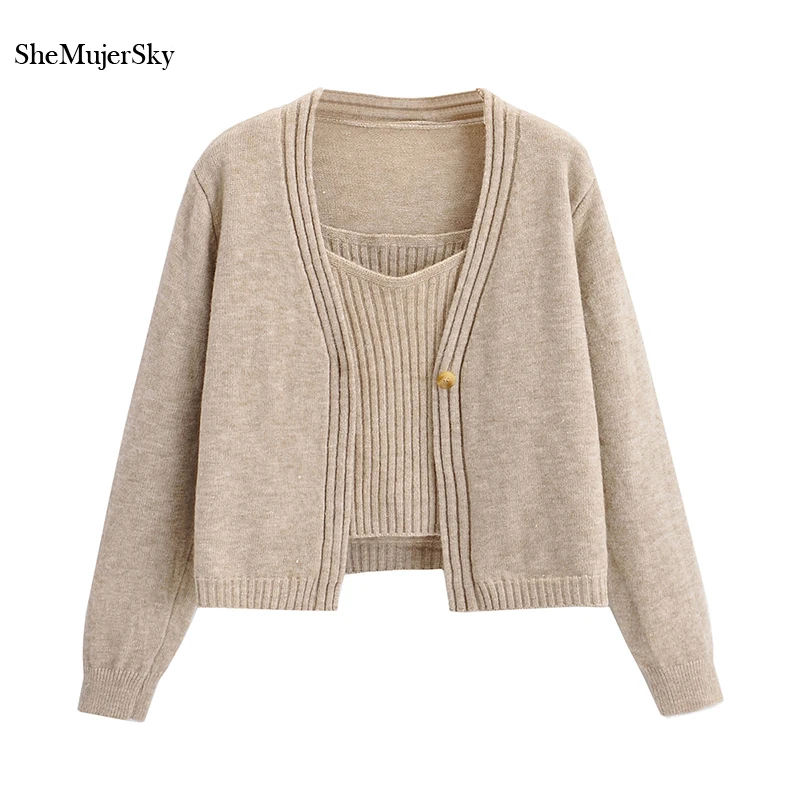 

SheMujerSky Women Cropped Knitted Khaki Cardigans And Cami Tops 2021 Long Sleeve Sweaters Tops Matching Set