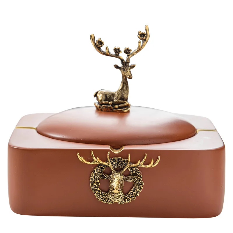 

American Metal High Temperature Resistance Golden Deer Decor Living Room Desk Office Desk Ash Storage Tray Box Rustic Home Decor