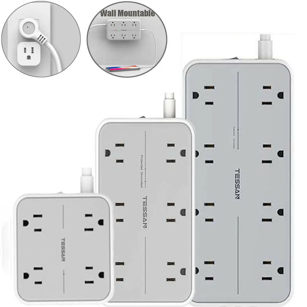 

TESSAN Wall Mountable Flat Plug Extension Cord Power Strip with Multi AC Outlets+3 USB Ports Switch Overload Surge Protection