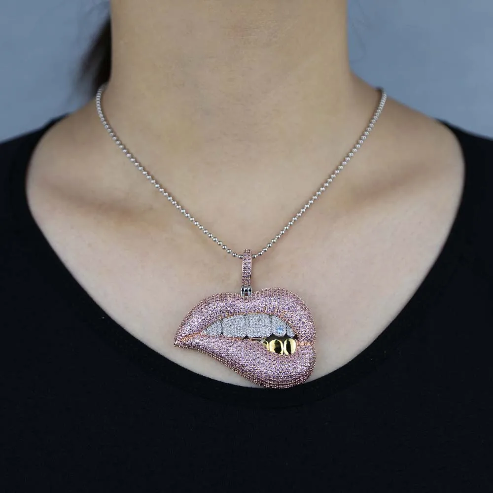 

New hip hop mouth charm pendant necklace with gold teeth iced out shiny pink cubic zircon punk jewelry teenis chain for women