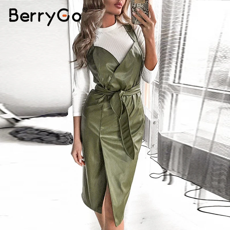 Женское платье из искусственной кожи BerryGo офисное без рукавов с v образным