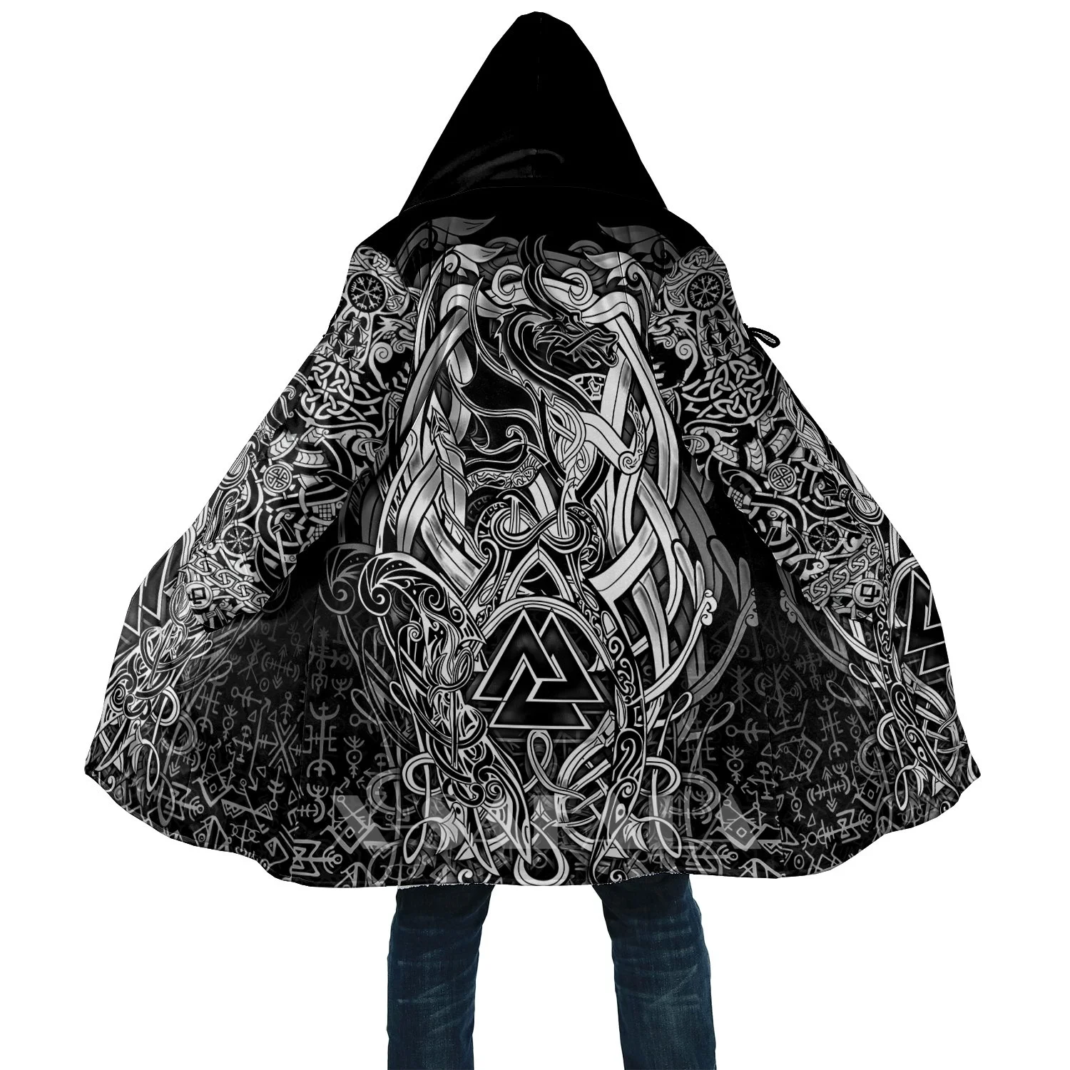 

Viking Style Valknut and Dragon 3D Printed Duffle Pullovers Coat Overcoat Thick Warm Hooded Cloak Coat for MenTopcoat Windproof