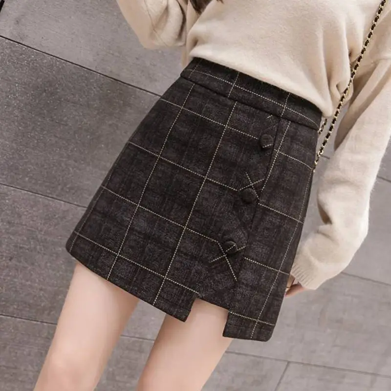 

Женская шерстяная Асимметричная универсальная облегающая короткая юбка А-силуэта, весна-осень 2021, Женская клетчатая однобортная юбка