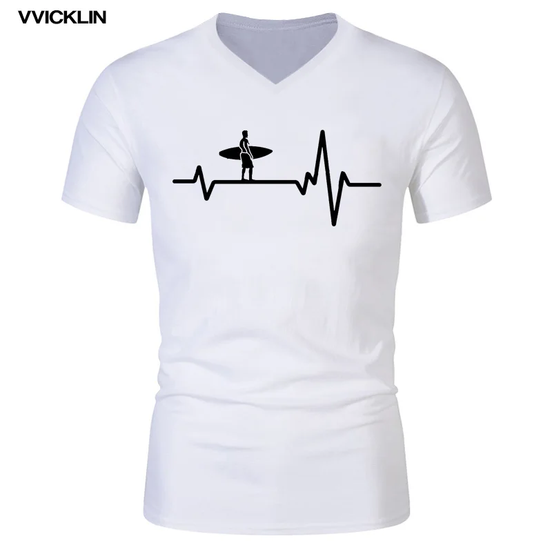 

Fashion Design Heartbeat Surf Life Tshirts Men Sailing Electric Pulse Funny T-shirt Cotton Short Sleeve Men's V-neck T Shirt