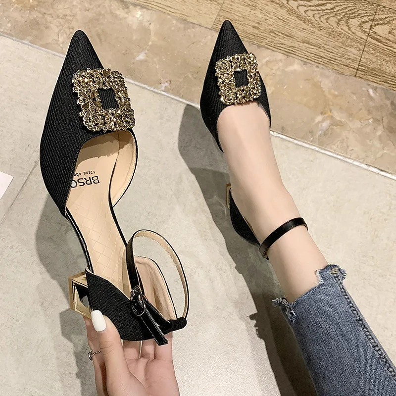 

New Female Shoelace Heel 2021 Fashion Spring And Autumn Word Buckle Pointed Toe French High Heels Women's Shoes