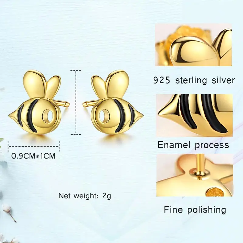 TONGZHE Genuine 925 Sterling Silver Honey Bee Earring For Women Stud Earrings Gold Color Cute Animal Cool Jewelry Gift KLTE106-1 | Украшения