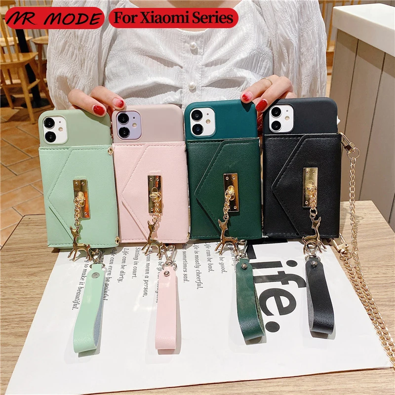 

Fashion Gold Chain Necklace Lanyard Cover With Card Pocket Case For Xiaomi Mi Note 10 Lite Pro Soft Case For Redmi 10 10X 5G Pro