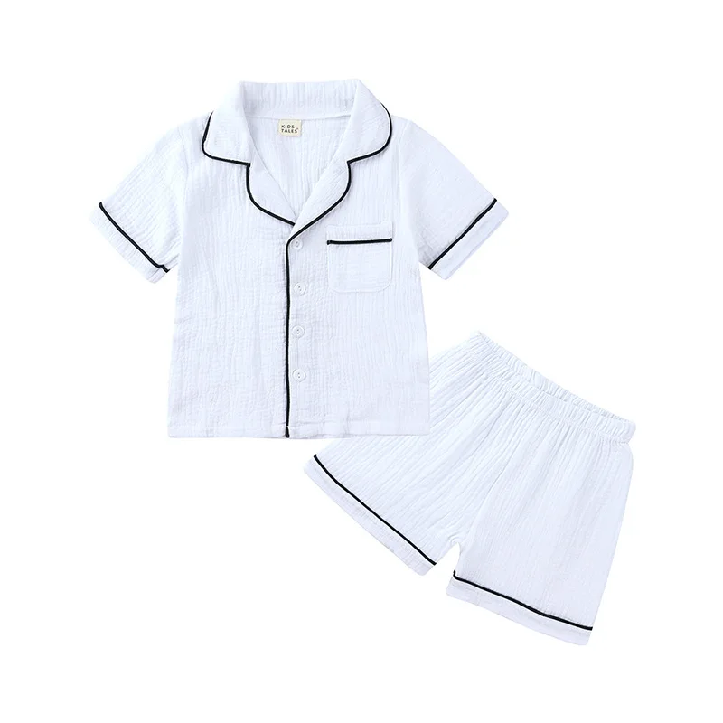 

Kids Clothes Summer Pajamas Set for Boys and Girls Plain Kawaii Short Sleeve Crepe Sleepwear 100% cotton kids pajamas