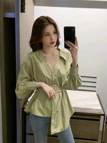 

2019 Autumn Lantern Sleeve Chiffon Irregular Shirts Women Loose Casual V-neck Blouse Womens White Ladies Tops Casual Vintage
