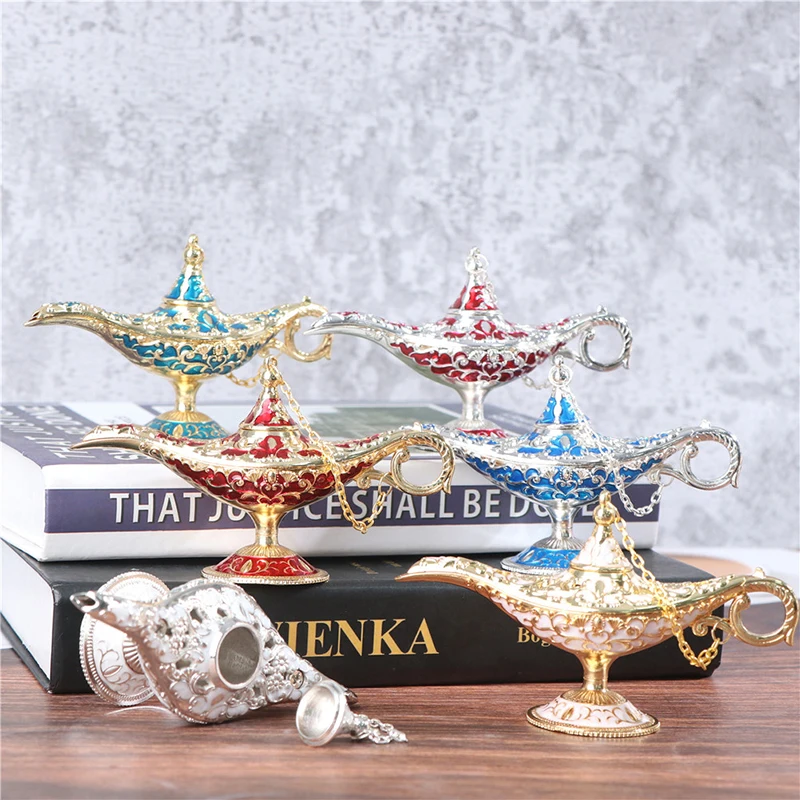 

Craft Zinc Alloy Classic Metal Carved Aladdin Lamp Light Wishing Tea Oil Pot Decoration Collectable Saving Collection Arts Craft