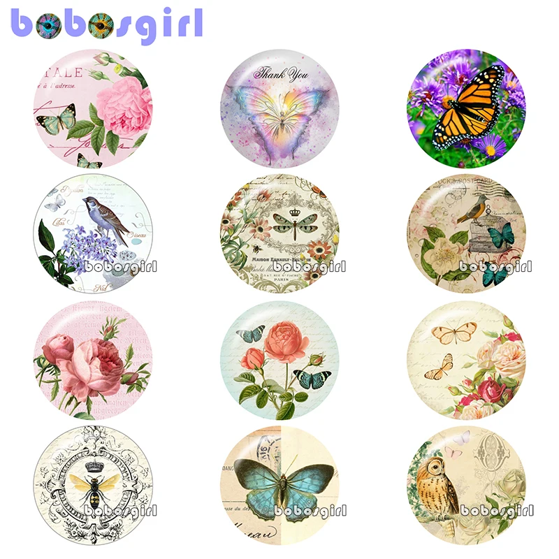 

Butterfly flower dragonfly owl Round photo glass cabochon demo flat back Making findings 12mm/18mm/20mm/25mm B4966