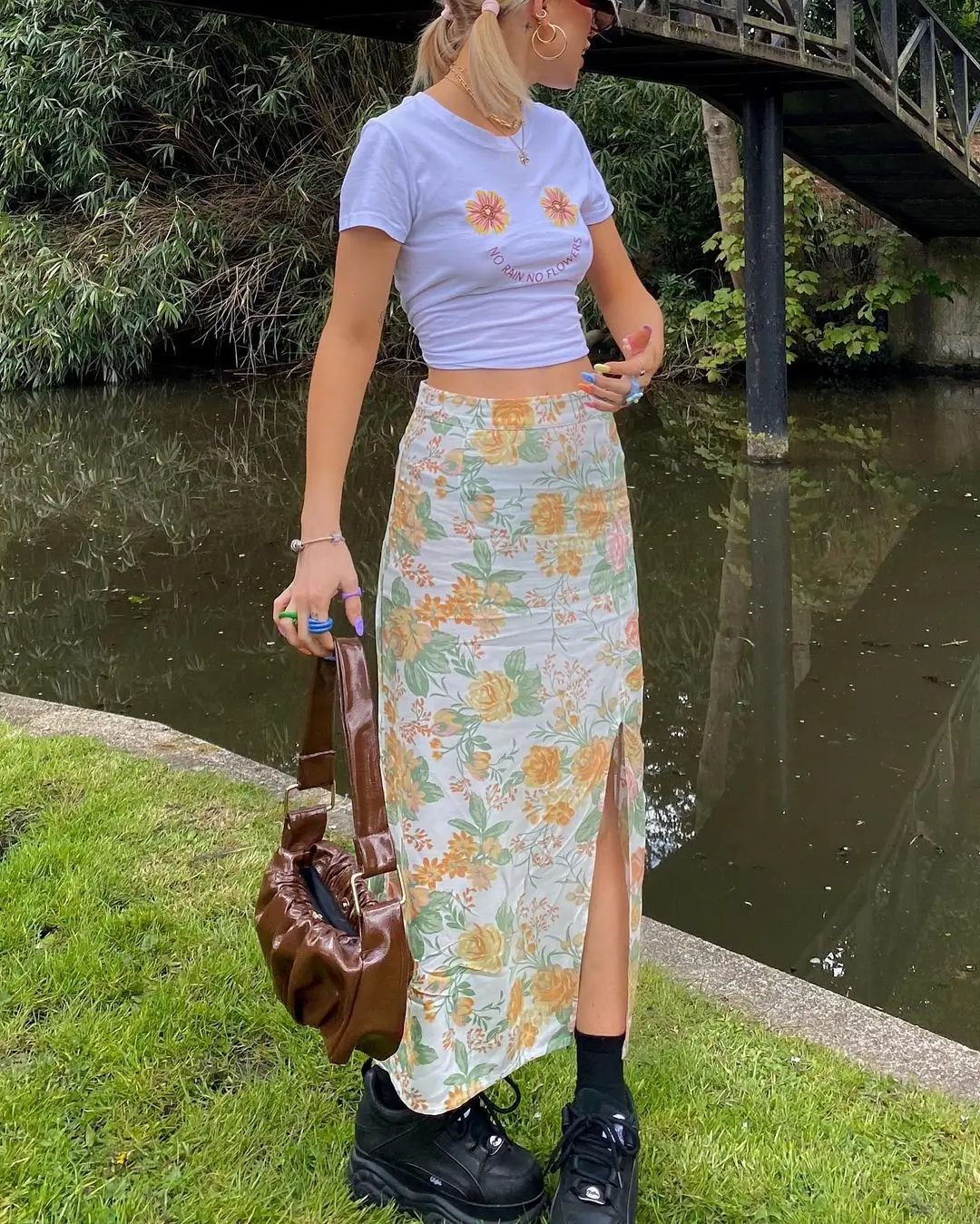 

Women’s Summer Fresh Flower Printing Skirt Casual High Waist Slim Fit Split Mid-length Skirt French Romantic Boho Slit Skirt