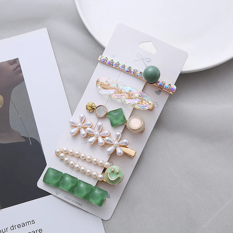 

6-piece set of green smiling face Korean temperament ladies pearl hairpin student girl side bangs clip Sen hairpin