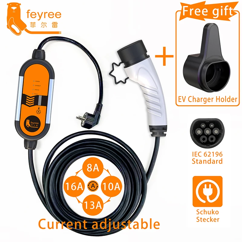 

feyree Level 2 Portable EV Charger Wallbox 16A Charging Cable Cord IEC62196 Type 2 Schuko Plug Electric Vehicle Charging Station