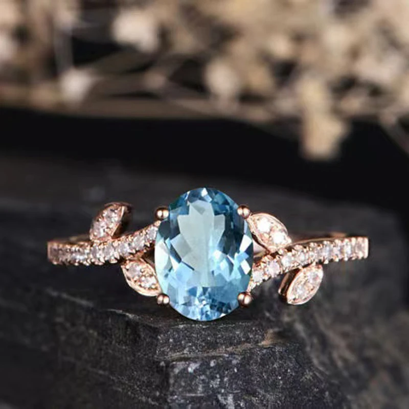 

Fashion Rose Gold Ring Creative Leaf Shape Inlay Oval Blue Zircon Fine Jewelry For Women Wedding Engagement Mother's Day Gifts